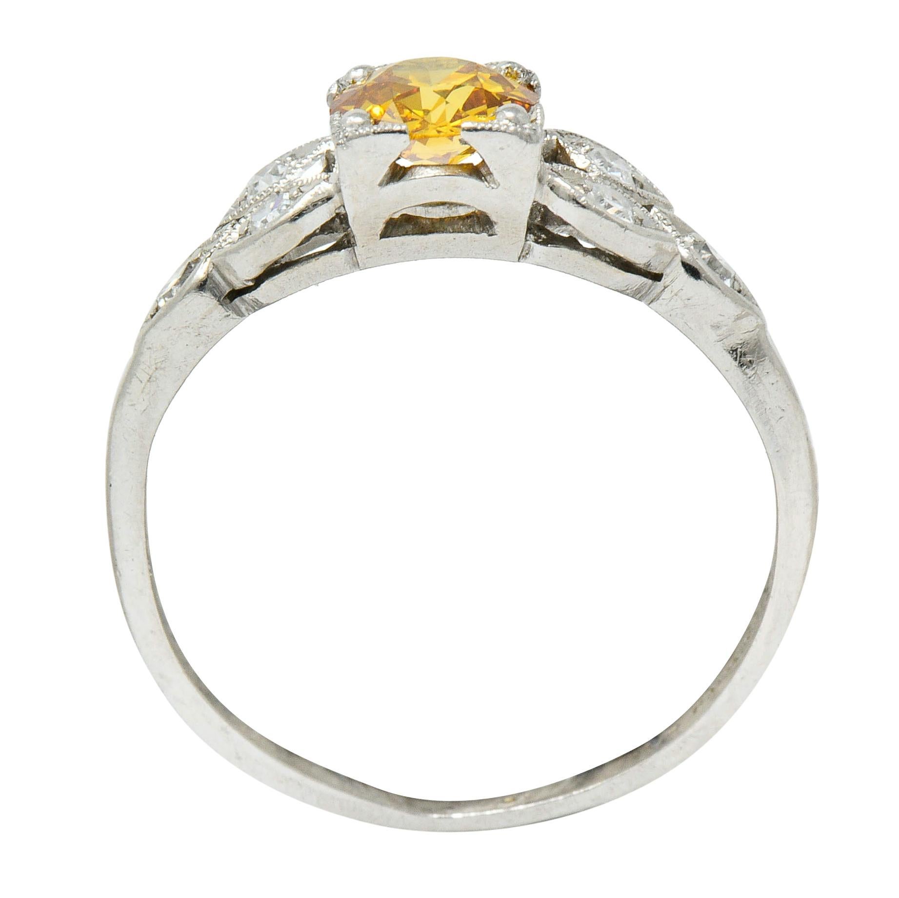 Retro 0.60 Carat Orange-Yellow and White Diamond Platinum Engagement Ring GIA 3