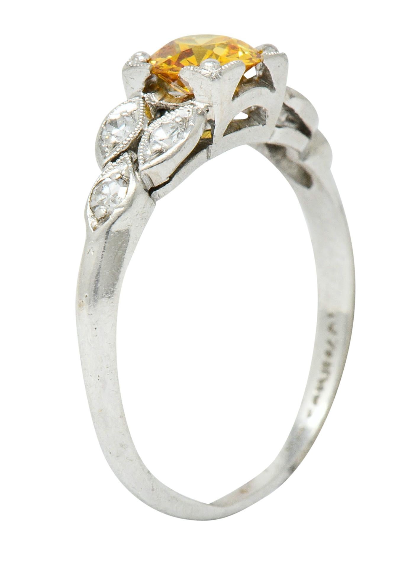 Retro 0.60 Carat Orange-Yellow and White Diamond Platinum Engagement Ring GIA 4