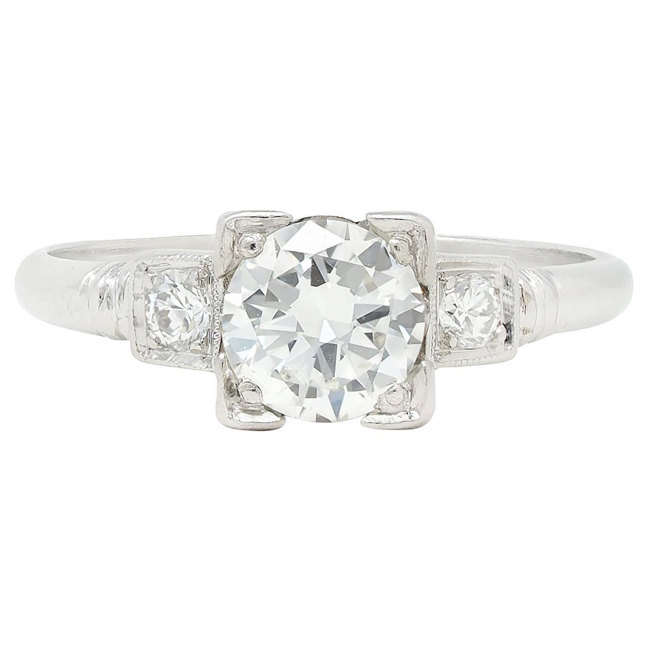 Retro 0.65 CTW Diamond Platinum Vintage Square Form Engagement Ring For Sale