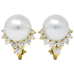 Retro 0.76 Carat Diamond Cultured South Sea Pearl 18 Karat Gold Earrings