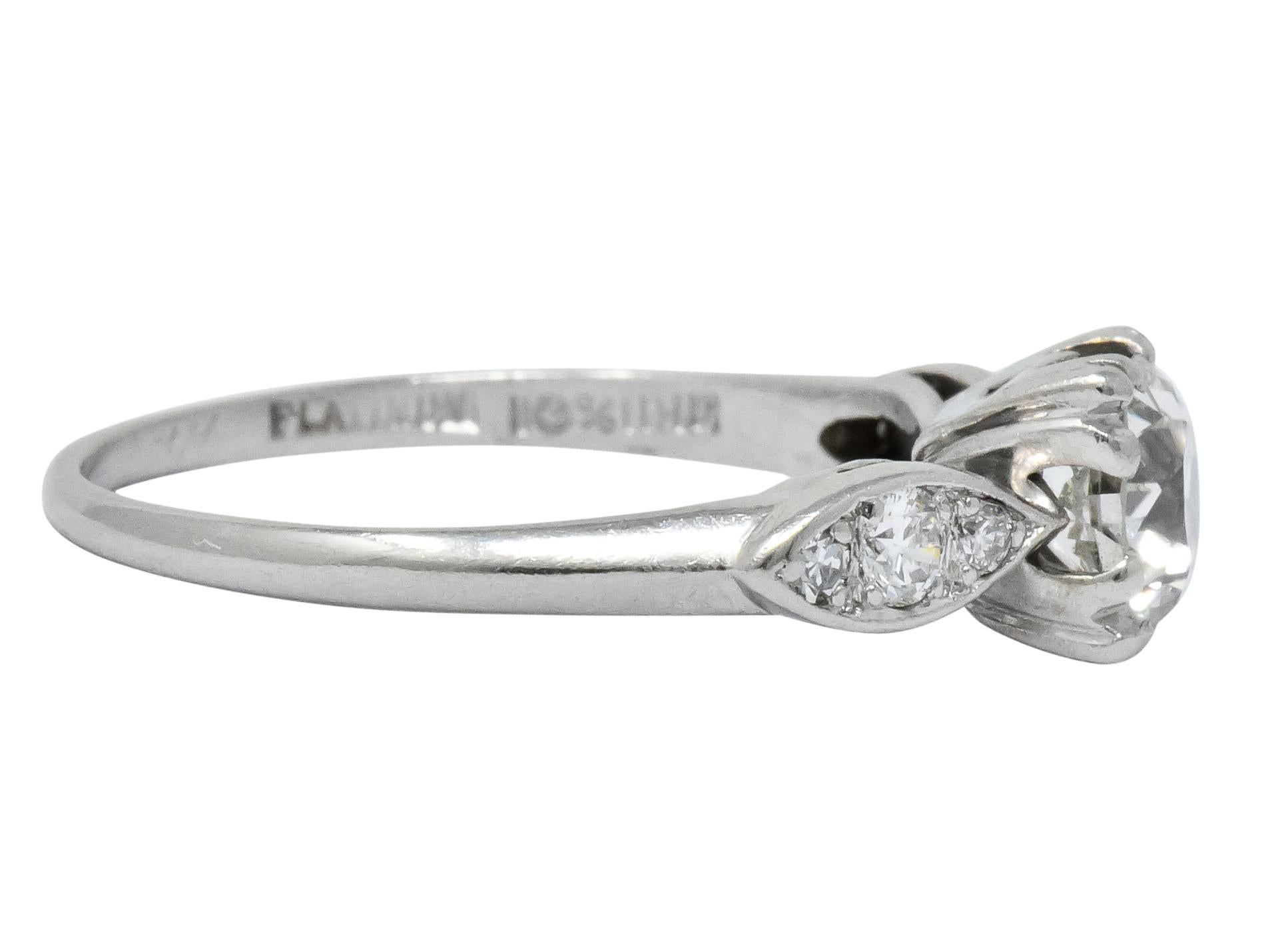 Retro 0.90 Carat Old European Cut Diamond Platinum Engagement Ring In Excellent Condition In Philadelphia, PA