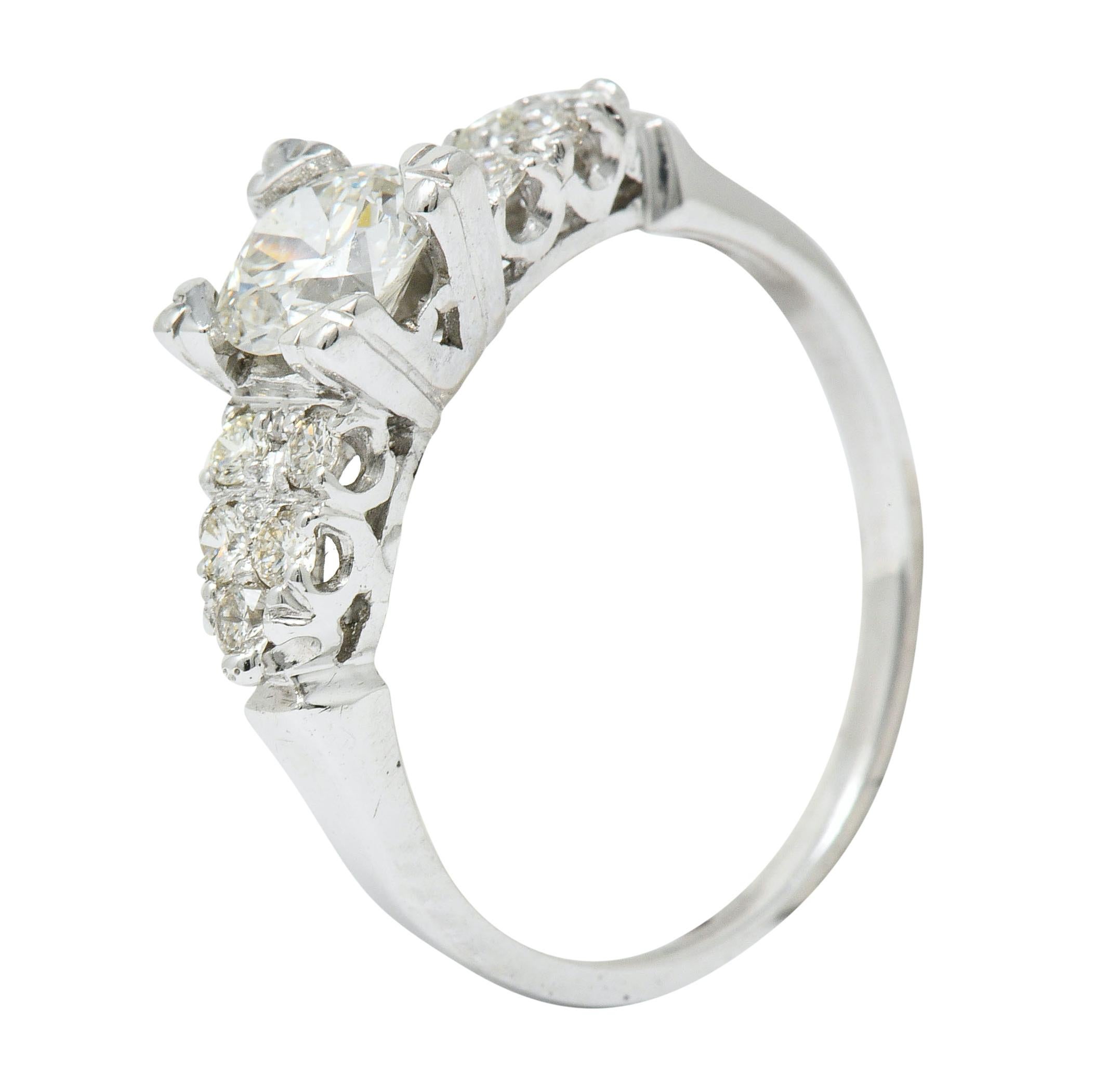 Mid-Century 0.90 Carat Diamond Platinum Fishtail Cluster Engagement Ring For Sale 1