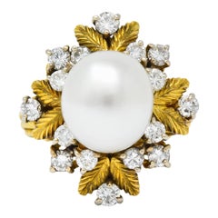 Retro 0.95 Carat Diamond South Sea Pearl 18 Karat Gold Cluster Ring
