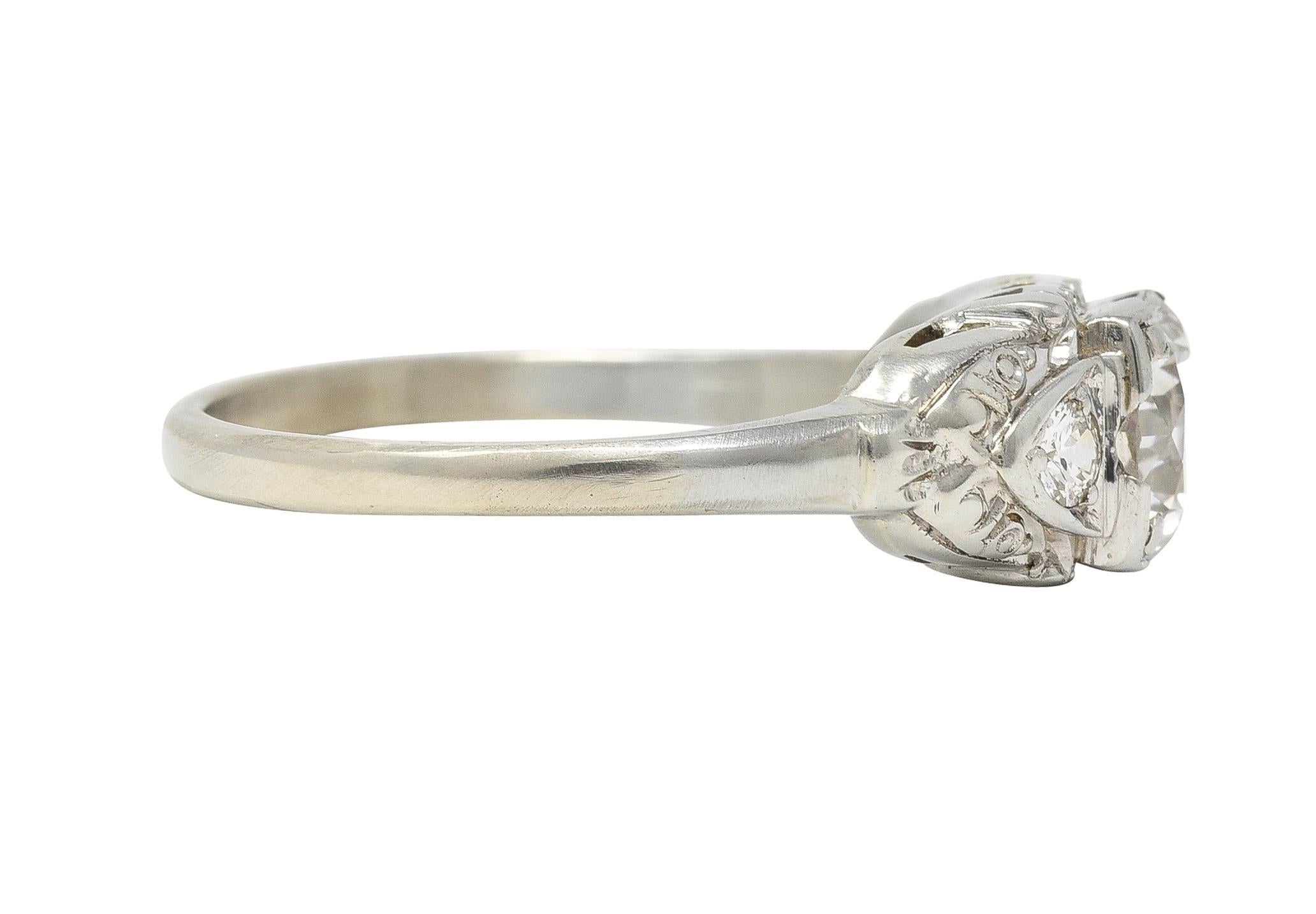 Round Cut Retro 0.95 CTW Transitional Diamond 14 Karat White Gold Vintage Engagement Ring For Sale