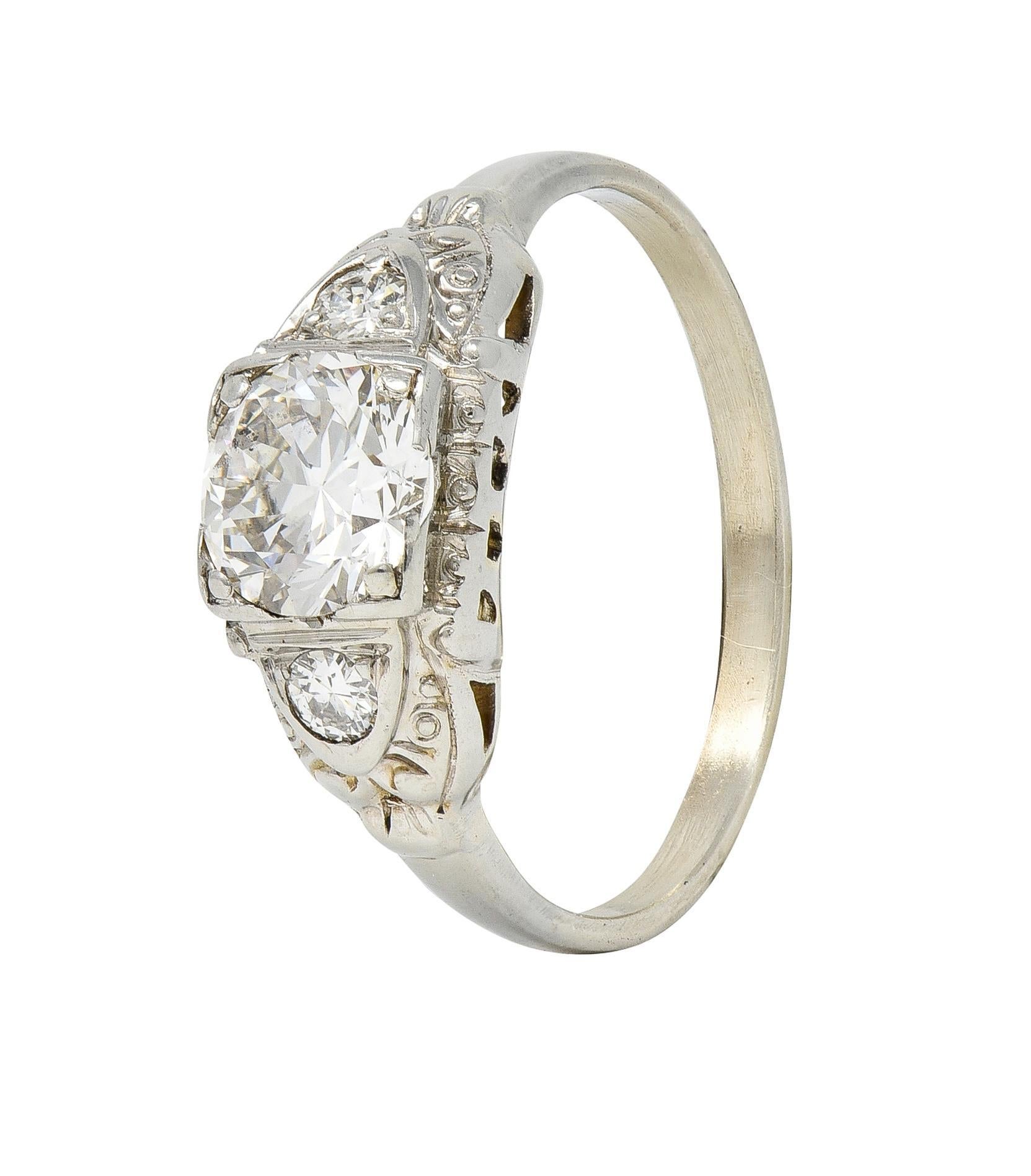Retro 0.95 CTW Transitional Diamond 14 Karat White Gold Vintage Engagement Ring For Sale 2