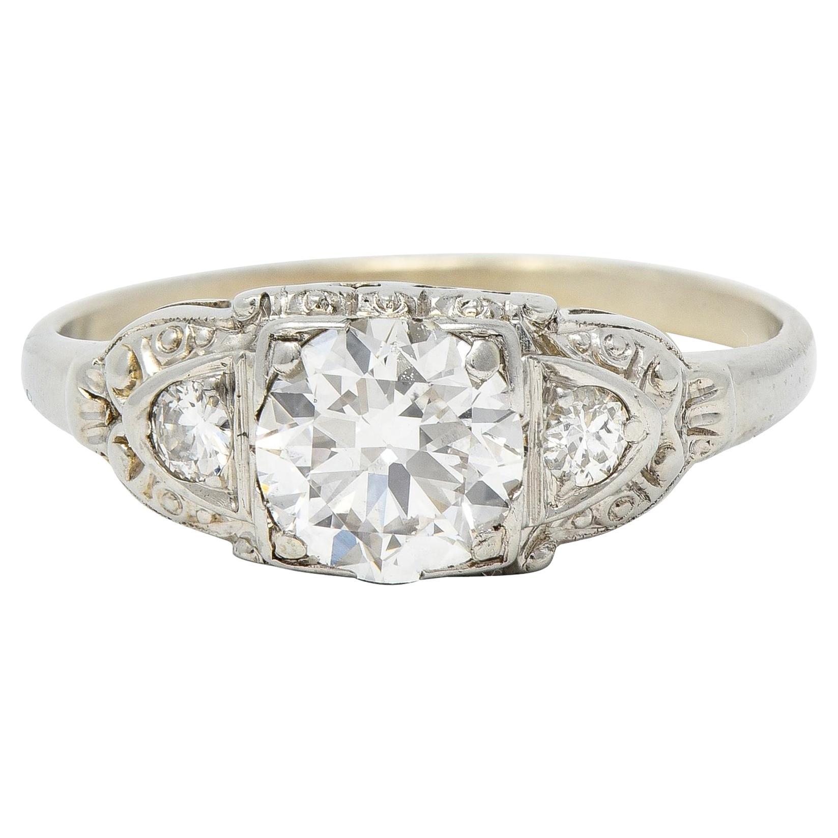 Retro 0.95 CTW Transitional Diamond 14 Karat White Gold Vintage Engagement Ring For Sale