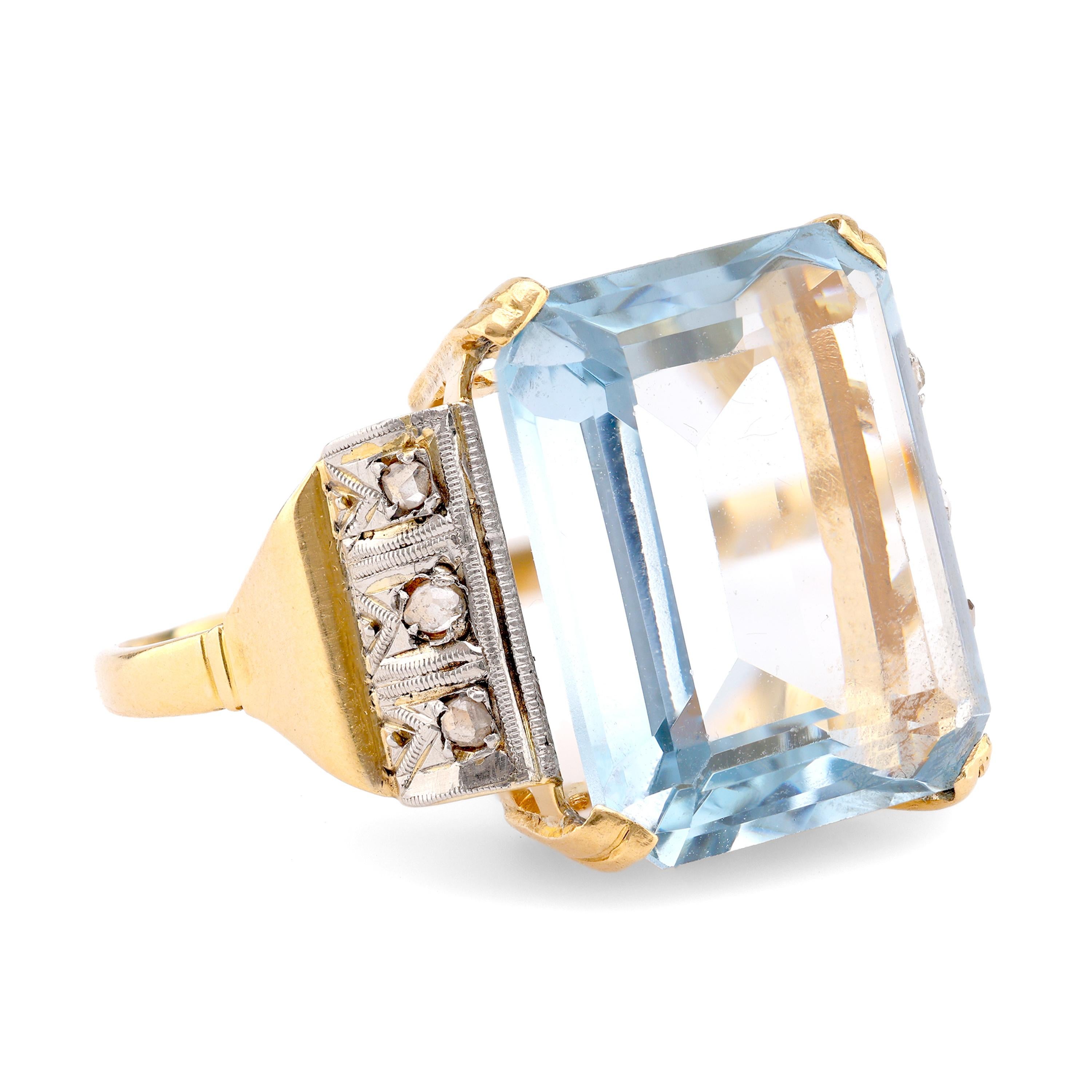 Retro 10 Karat Aquamarin Diamant 18K Gelbgold Cocktail-Ring (Smaragdschliff)