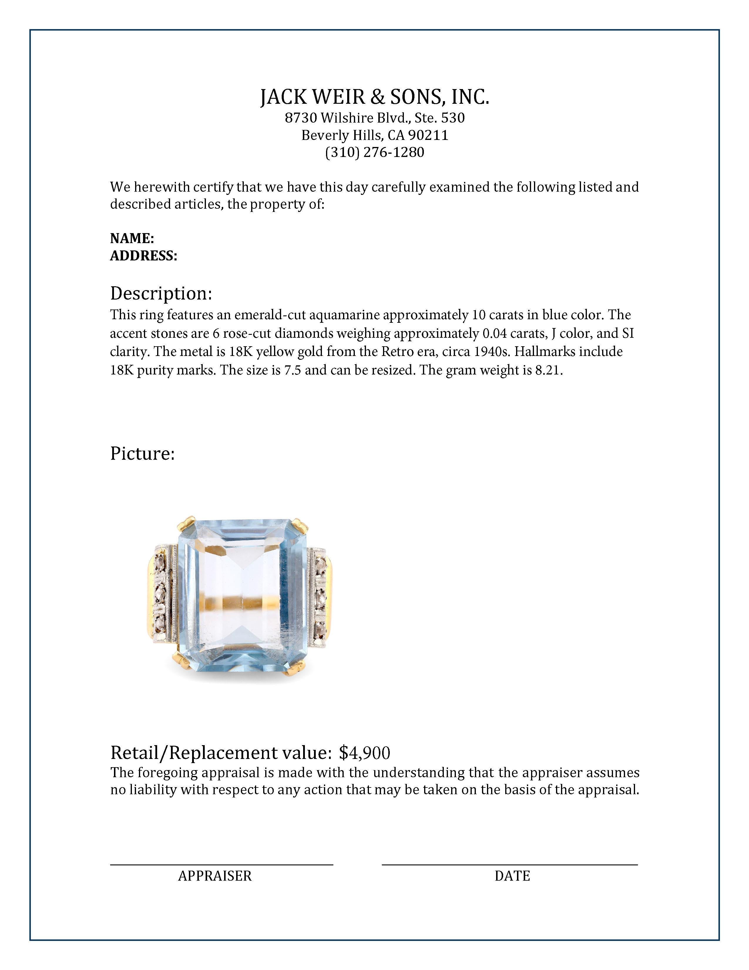 Retro 10 Karat Aquamarin Diamant 18K Gelbgold Cocktail-Ring für Damen oder Herren