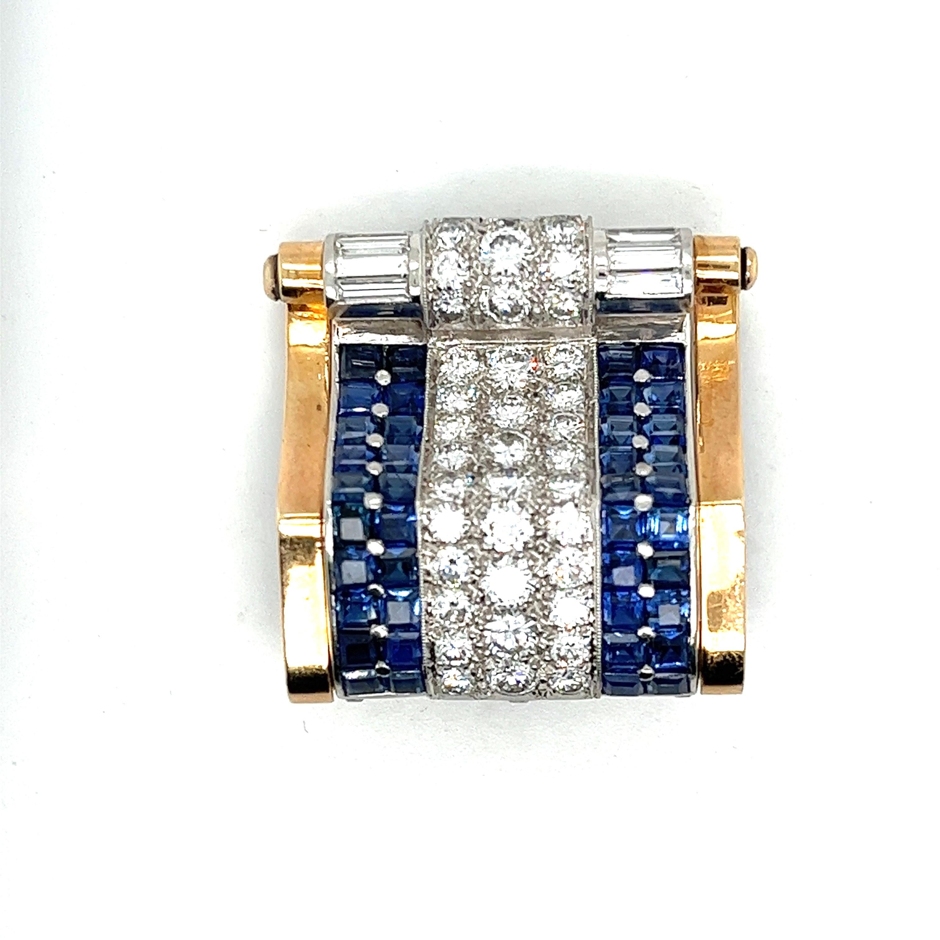 Retro 10 ctw Diamond Sapphire Platinum Gold Pin Brooch In Good Condition For Sale In Miami, FL