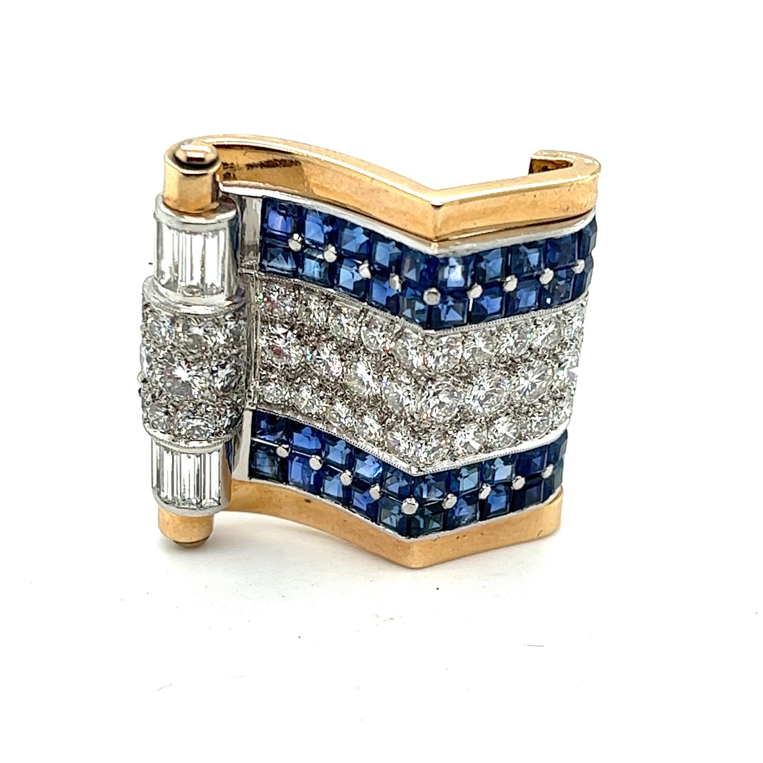 Women's or Men's Retro 10 ctw Diamond Sapphire Platinum Gold Pin Brooch For Sale