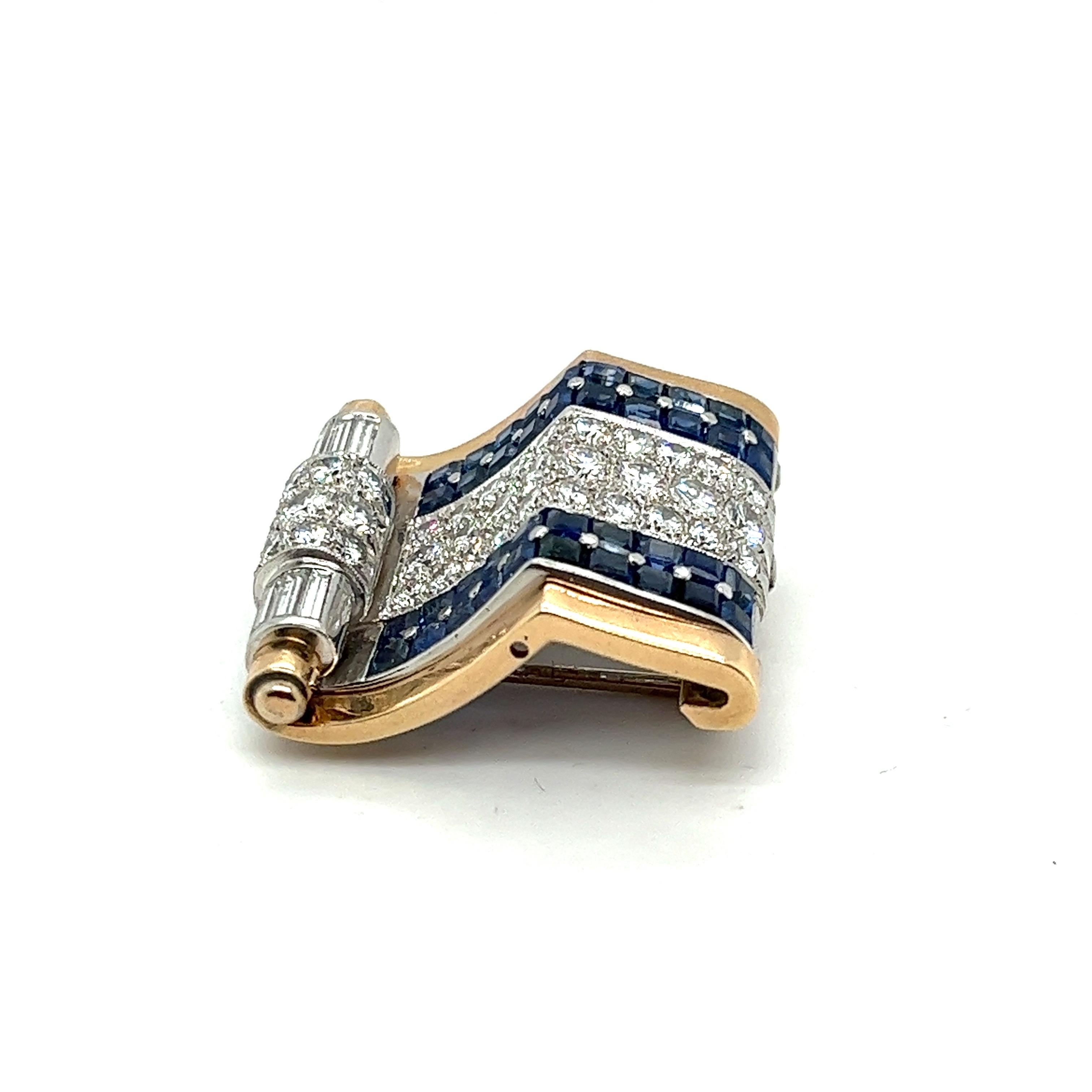 Retro 10 ctw Diamond Sapphire Platinum Gold Pin Brooch For Sale 3