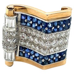 Retro 10 ctw Diamond Sapphire Platinum Gold Pin Brooch