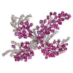 Retro 10.00 carat pink sapphire diamond 14k white gold brooch
