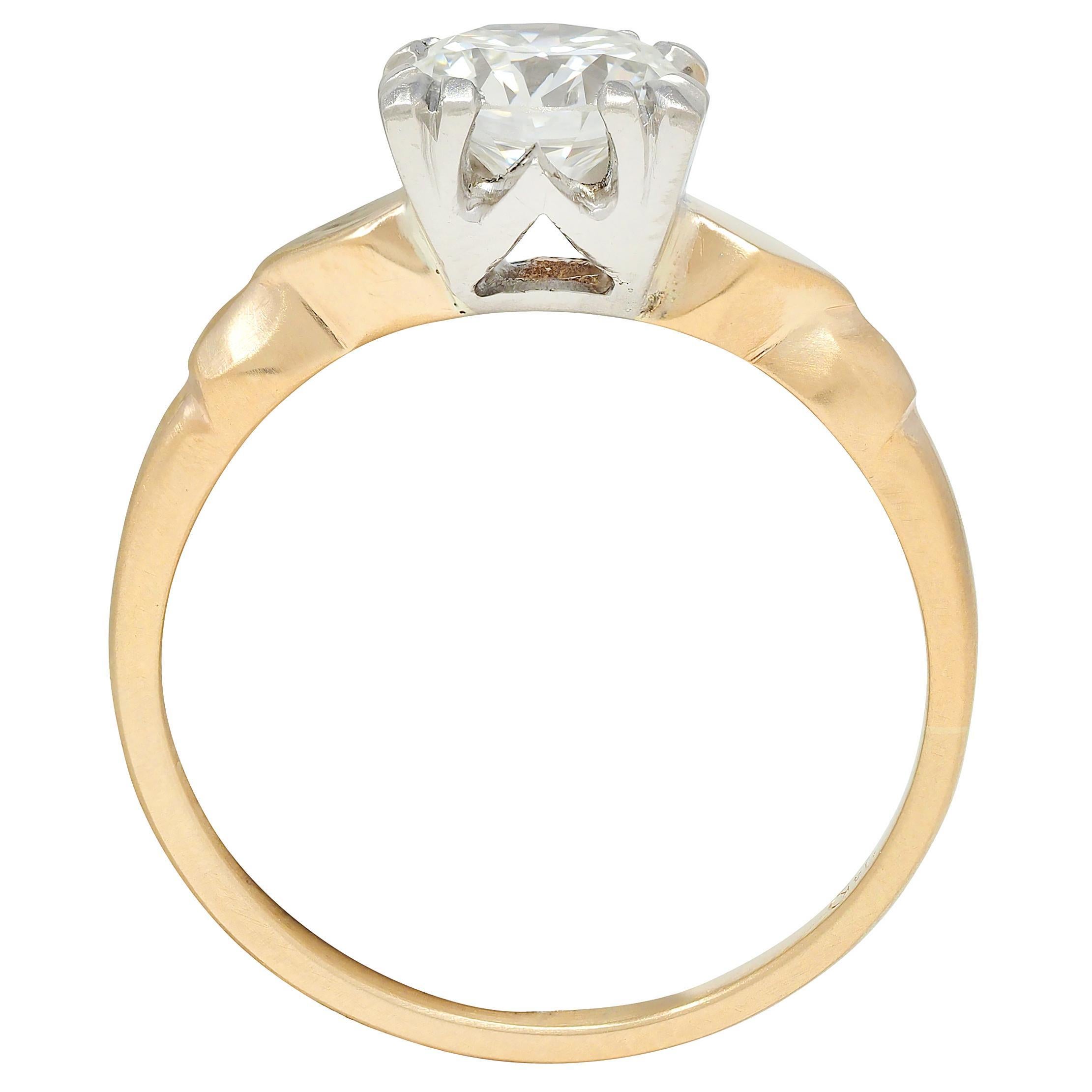 Round Cut Retro 1.02 CTW Transitional Cut Platinum 14K Yellow Gold Vintage Engagement Ring For Sale