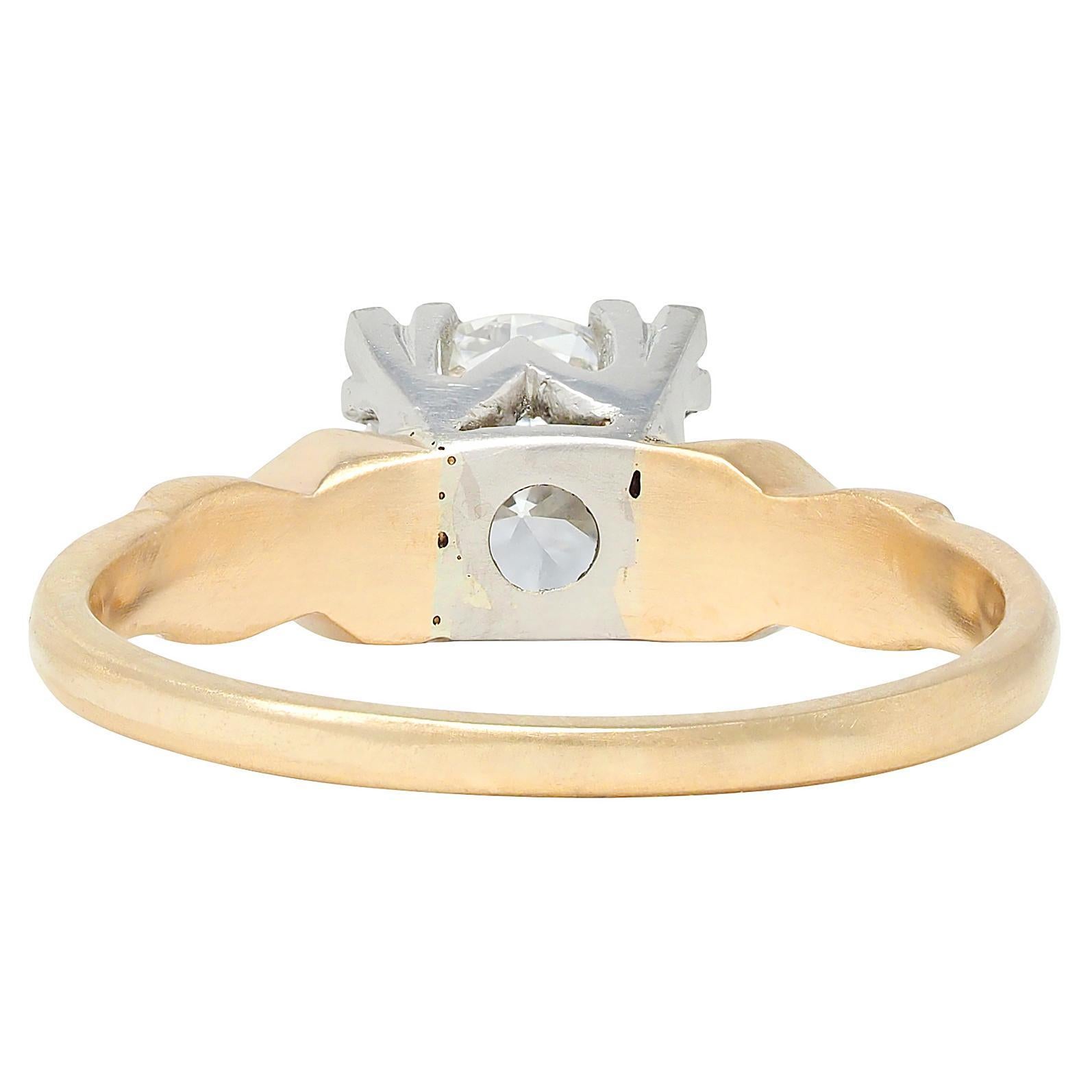 Retro 1.02 CTW Transitional Cut Platinum 14K Yellow Gold Vintage Engagement Ring In Excellent Condition For Sale In Philadelphia, PA