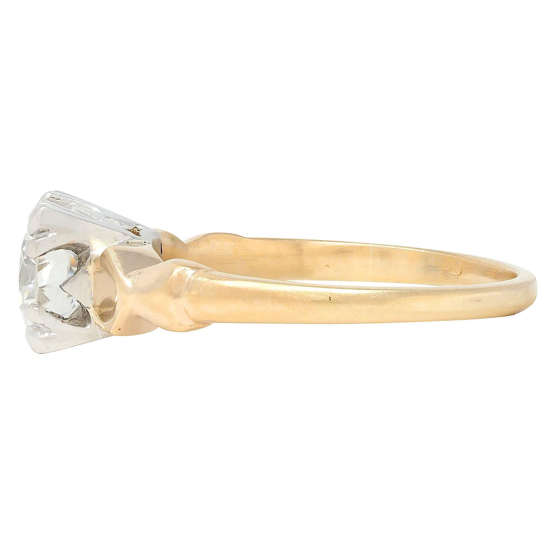 Women's or Men's Retro 1.02 CTW Transitional Cut Platinum 14K Yellow Gold Vintage Engagement Ring For Sale