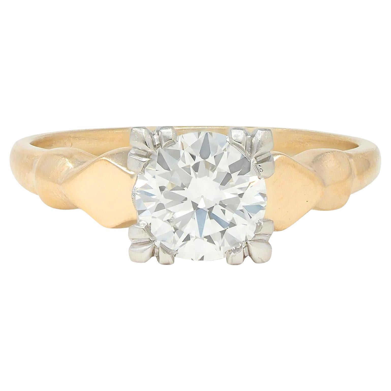 Retro 1.02 CTW Transitional Cut Platinum 14K Yellow Gold Vintage Engagement Ring For Sale