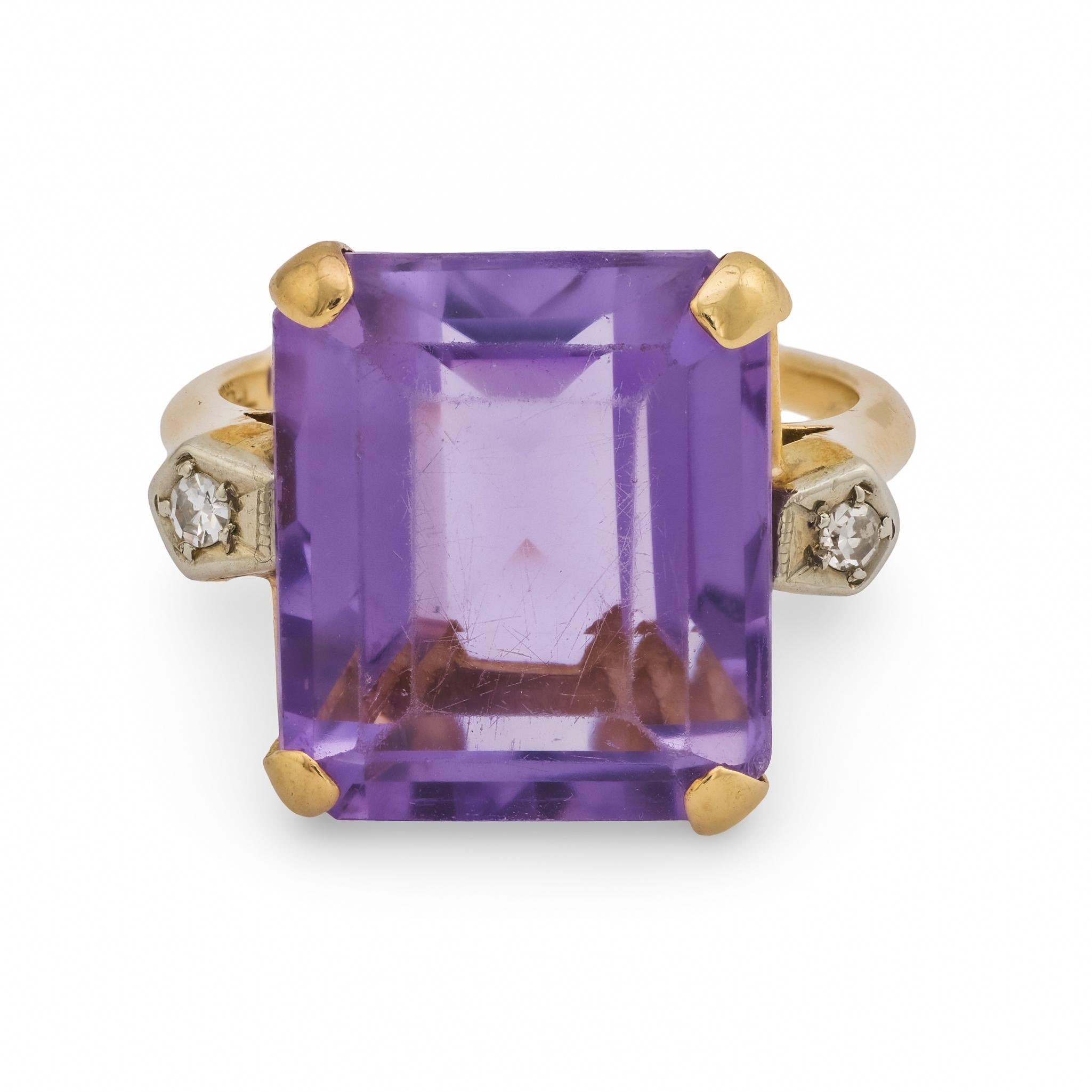 Rétro Bague cocktail rétro 10,20 carats améthyste diamant 14k or jaune et blanc en vente