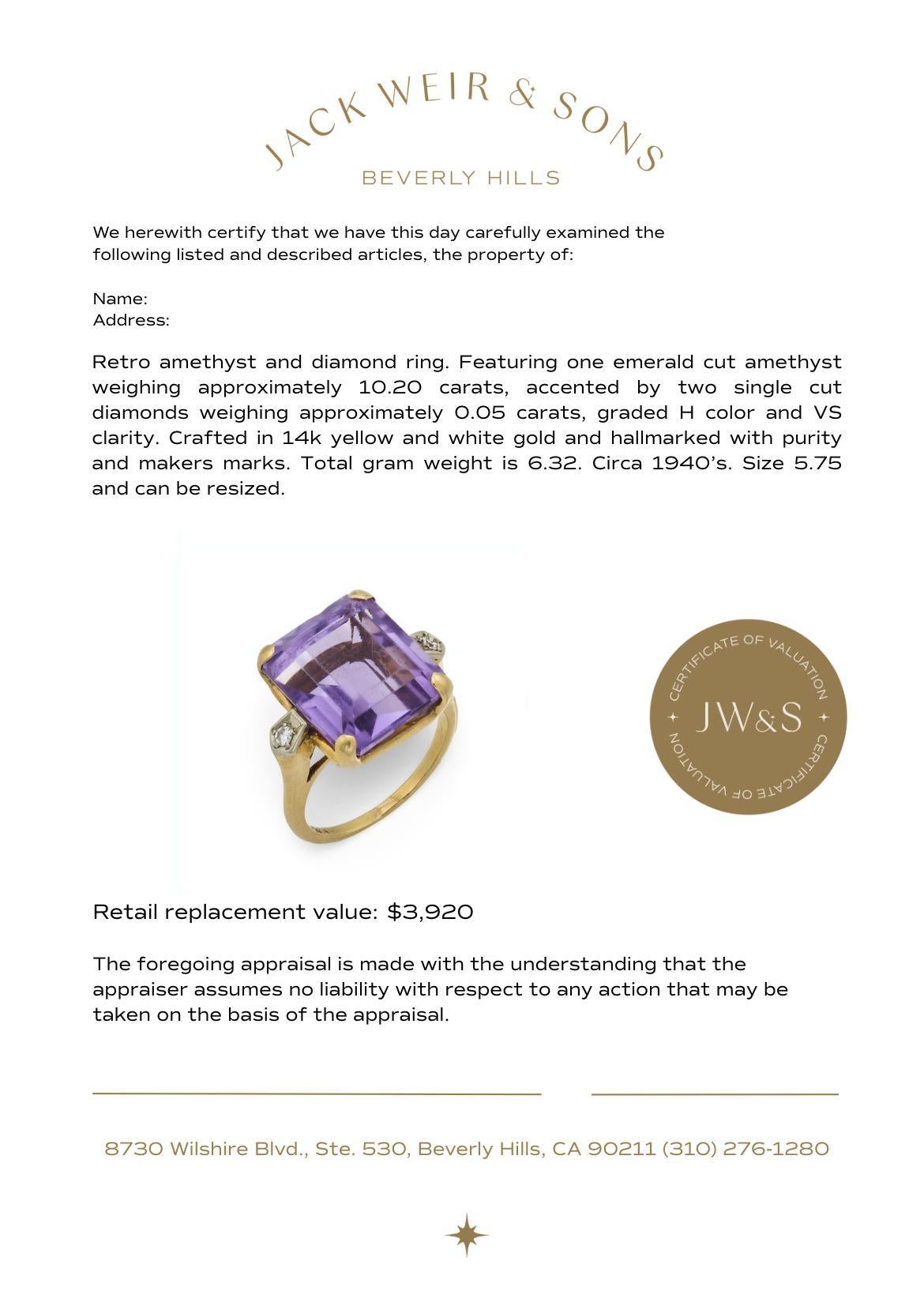 Bague cocktail rétro 10,20 carats améthyste diamant 14k or jaune et blanc en vente 1