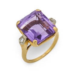 Bague cocktail rétro 10,20 carats améthyste diamant 14k or jaune et blanc