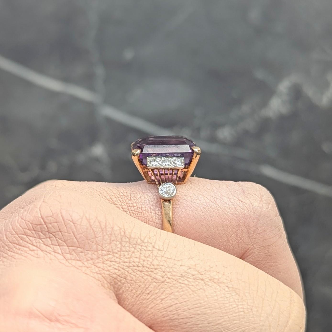 Retro 10.22 CTW Amethyst Diamond Platinum 14 Karat Gold Vintage Cocktail Ring For Sale 7