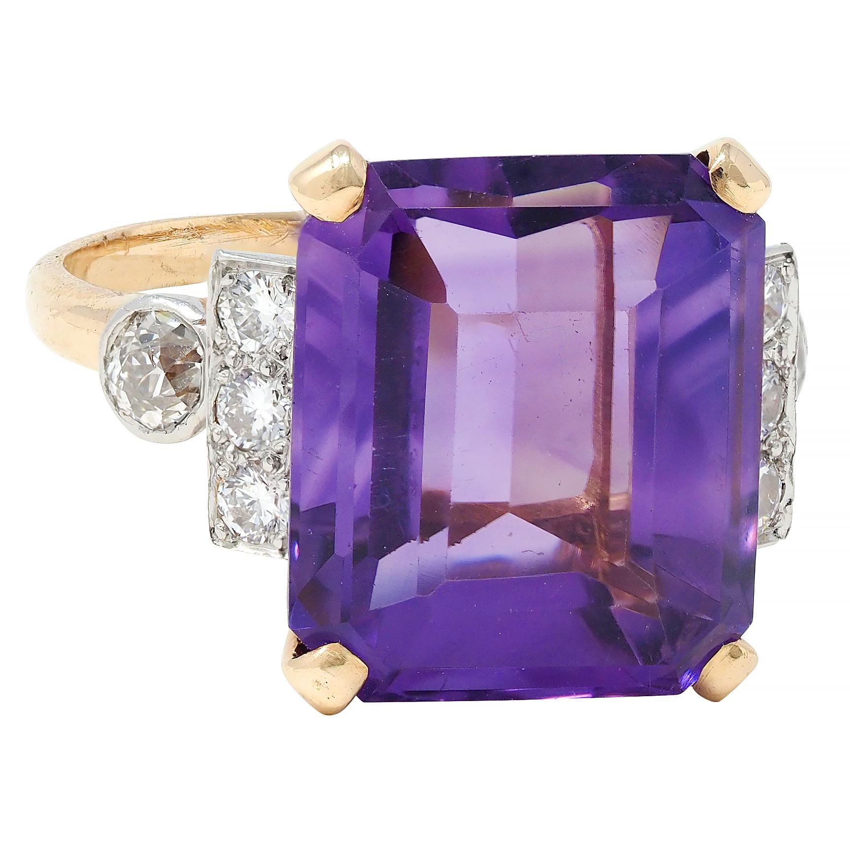 Emerald Cut Retro 10.22 CTW Amethyst Diamond Platinum 14 Karat Gold Vintage Cocktail Ring For Sale