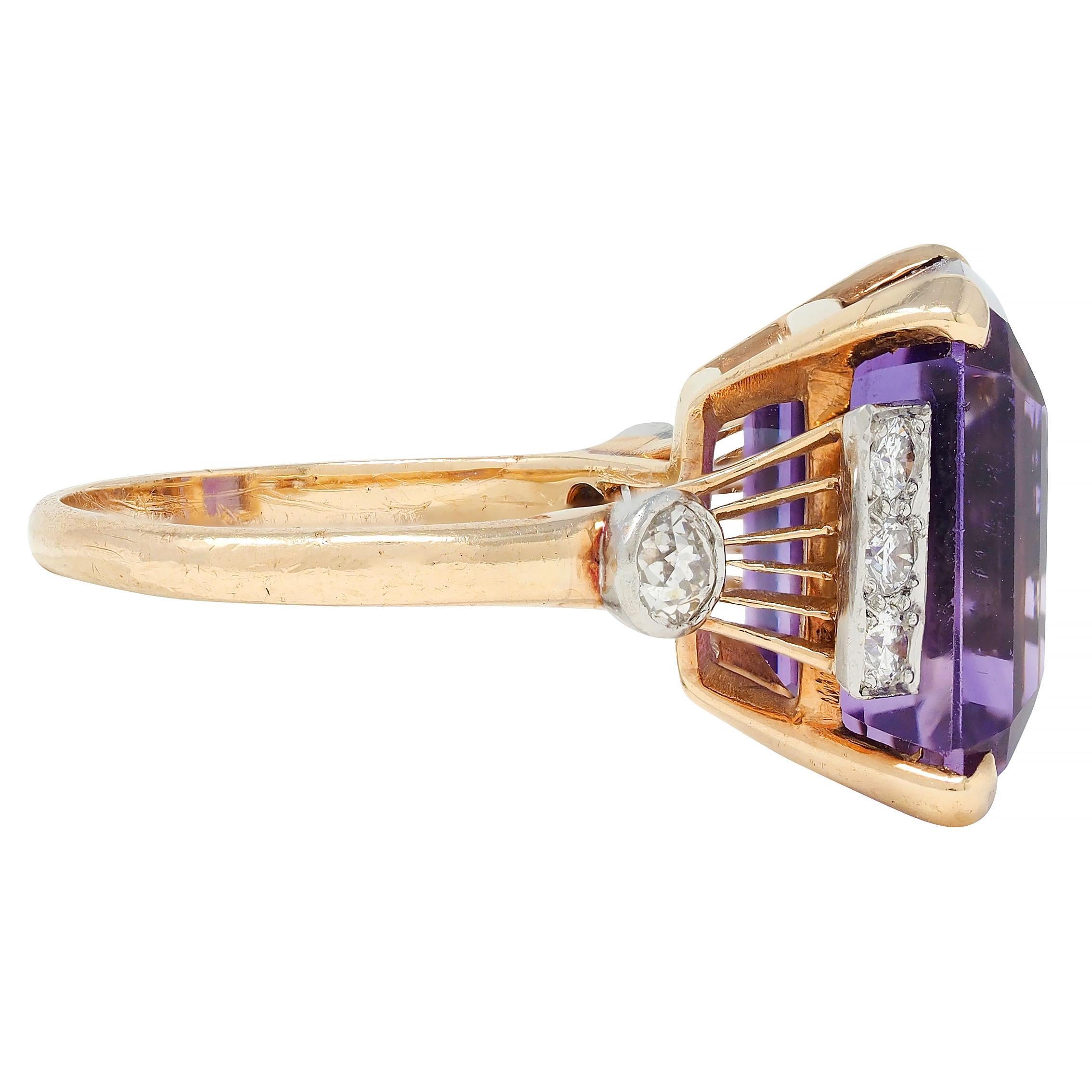 Retro 10.22 CTW Amethyst Diamond Platinum 14 Karat Gold Vintage Cocktail Ring In Excellent Condition For Sale In Philadelphia, PA