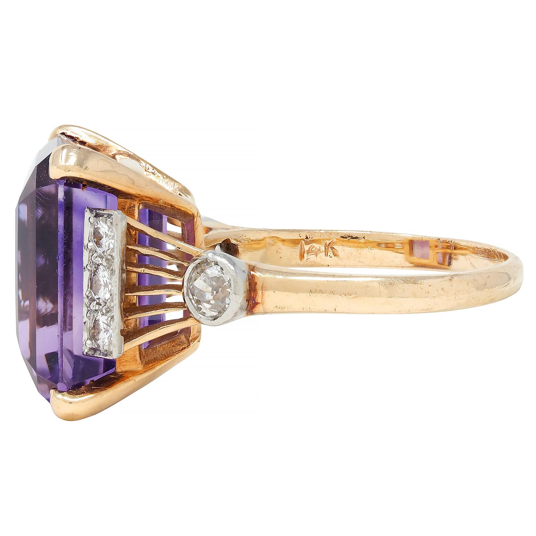 Retro 10.22 CTW Amethyst Diamond Platinum 14 Karat Gold Vintage Cocktail Ring For Sale 1