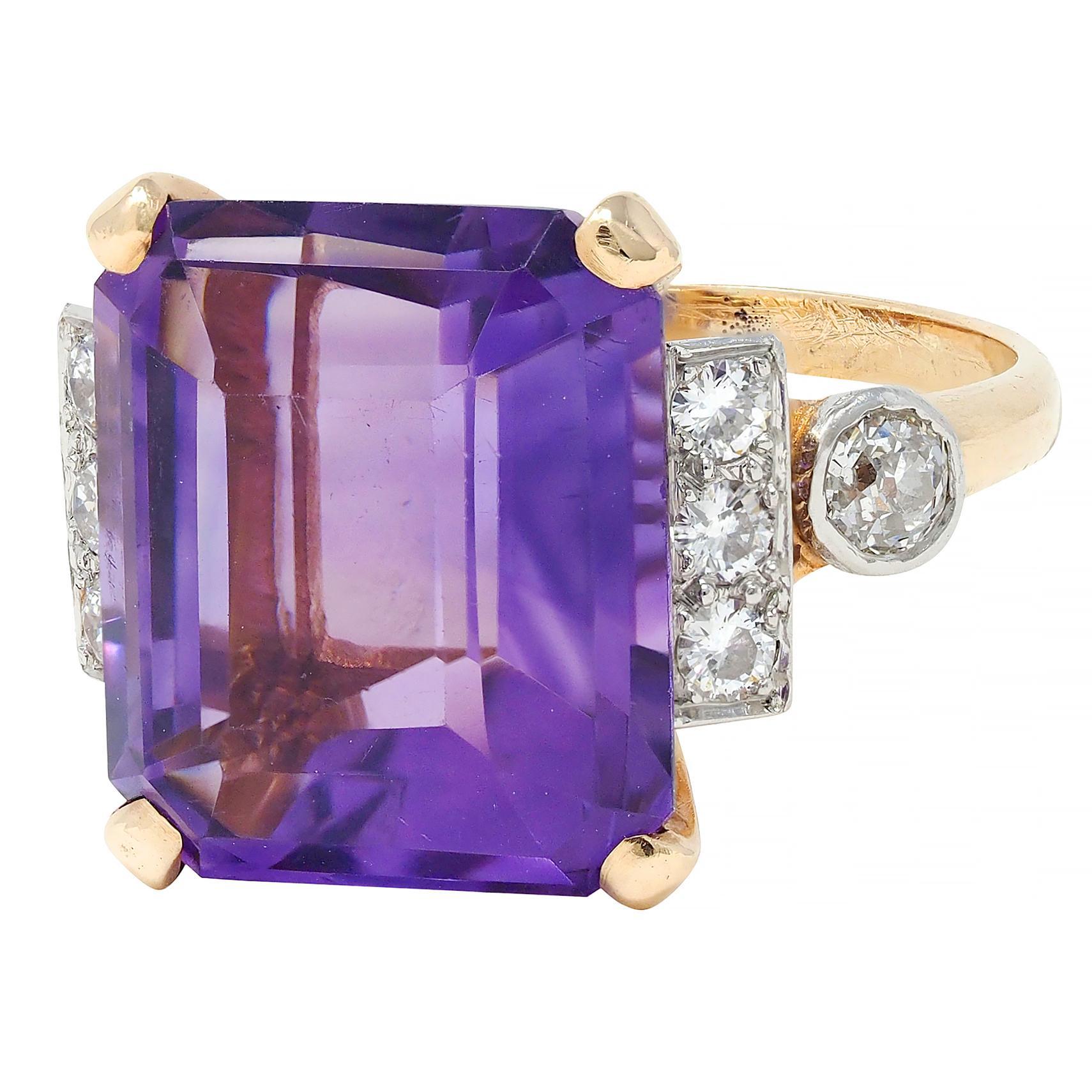 Retro 10.22 CTW Amethyst Diamond Platinum 14 Karat Gold Vintage Cocktail Ring For Sale 2