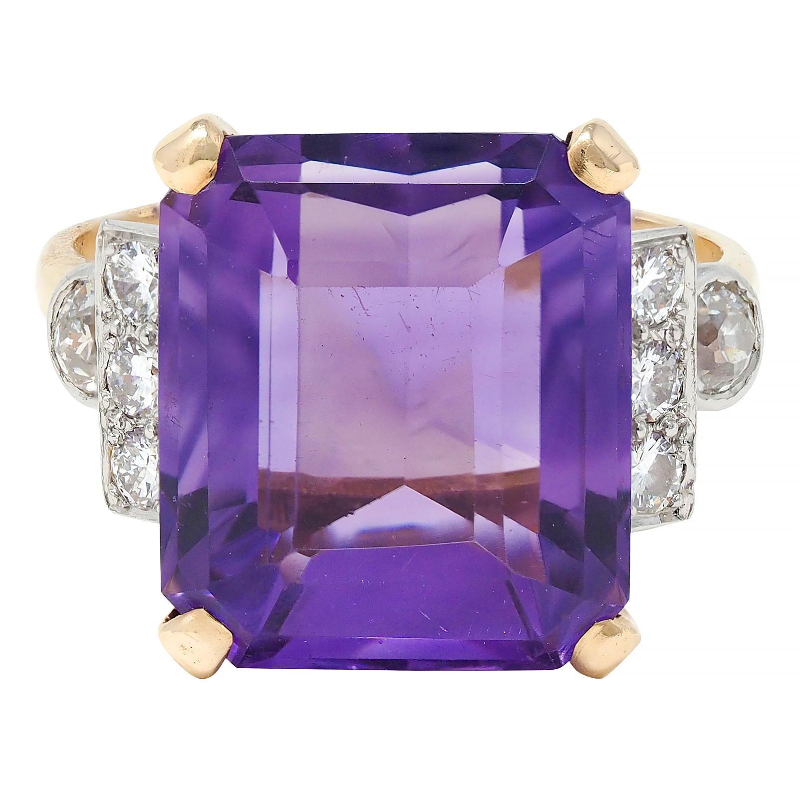 Retro 10.22 CTW Amethyst Diamond Platinum 14 Karat Gold Vintage Cocktail Ring For Sale