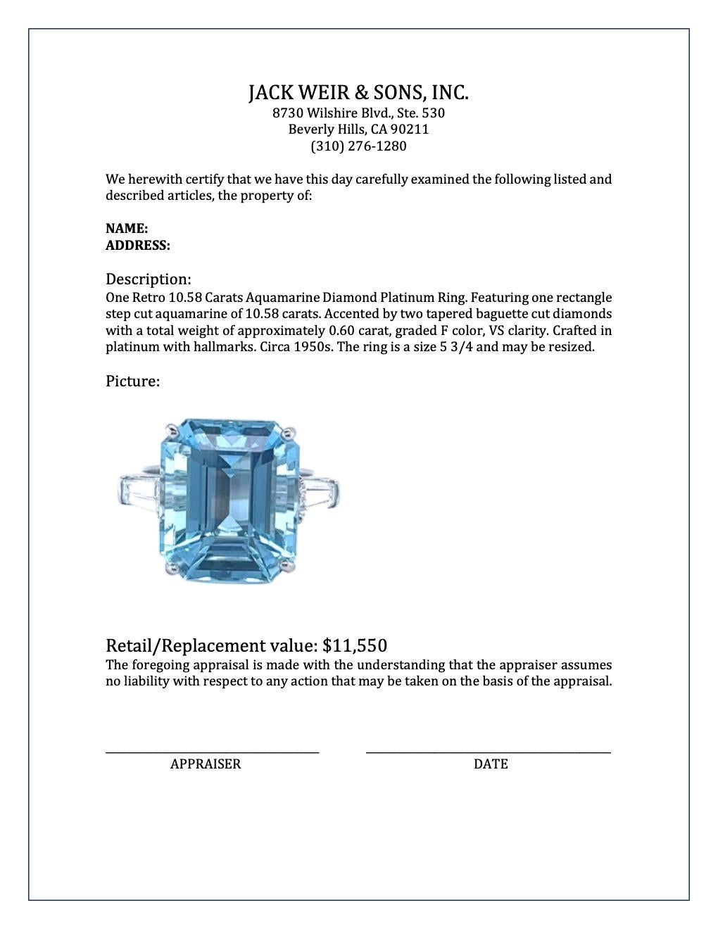 Retro 10.58 Carats Aquamarine Diamond Platinum Ring 2