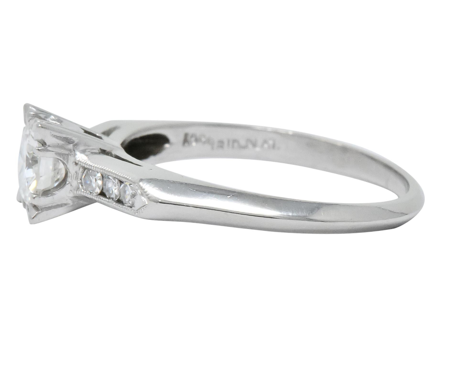 Mid-Century 1.08 Carat Round Brilliant Cut Diamond Platinum Engagement Ring In Excellent Condition In Philadelphia, PA