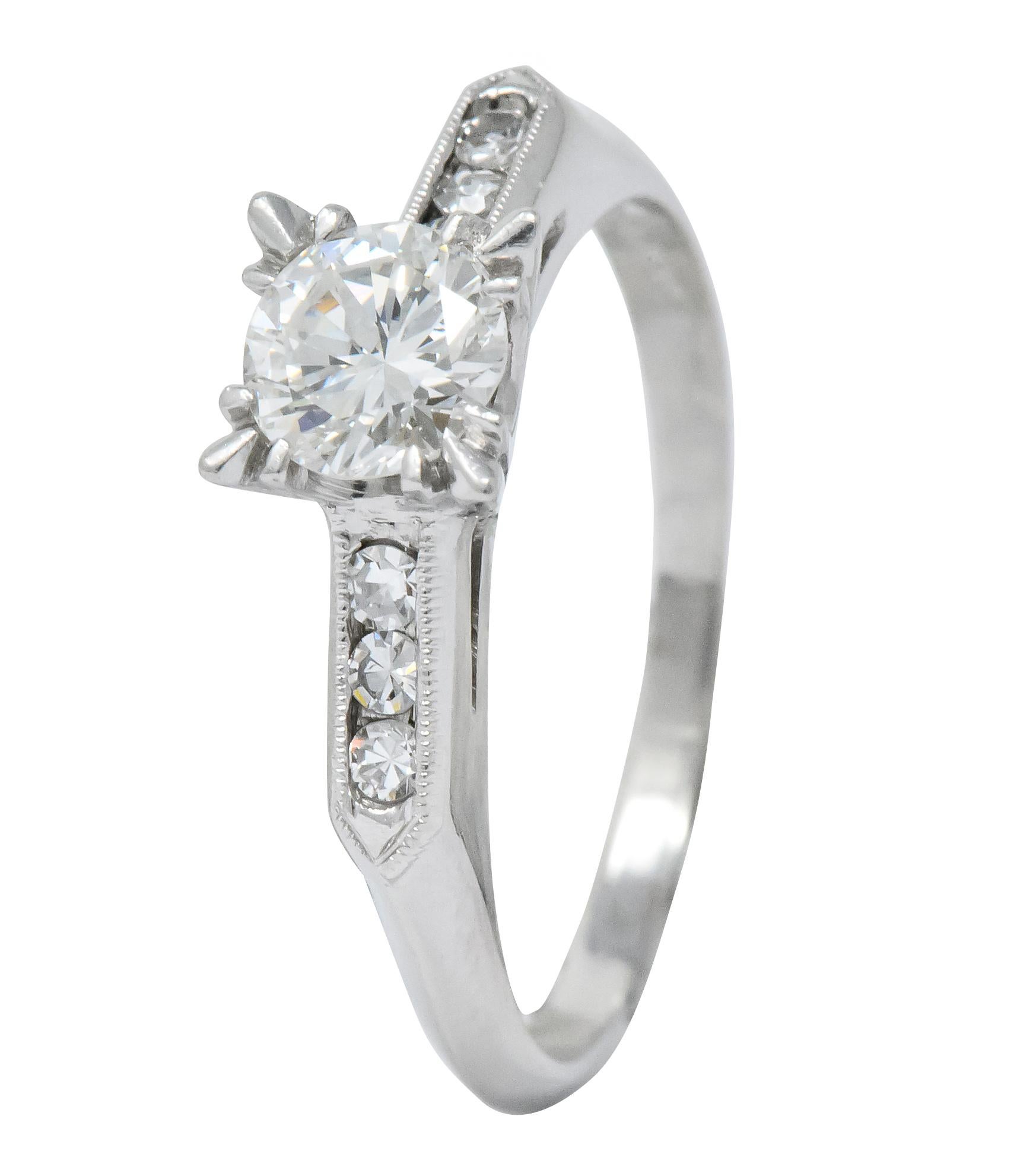 Mid-Century 1.08 Carat Round Brilliant Cut Diamond Platinum Engagement Ring 2