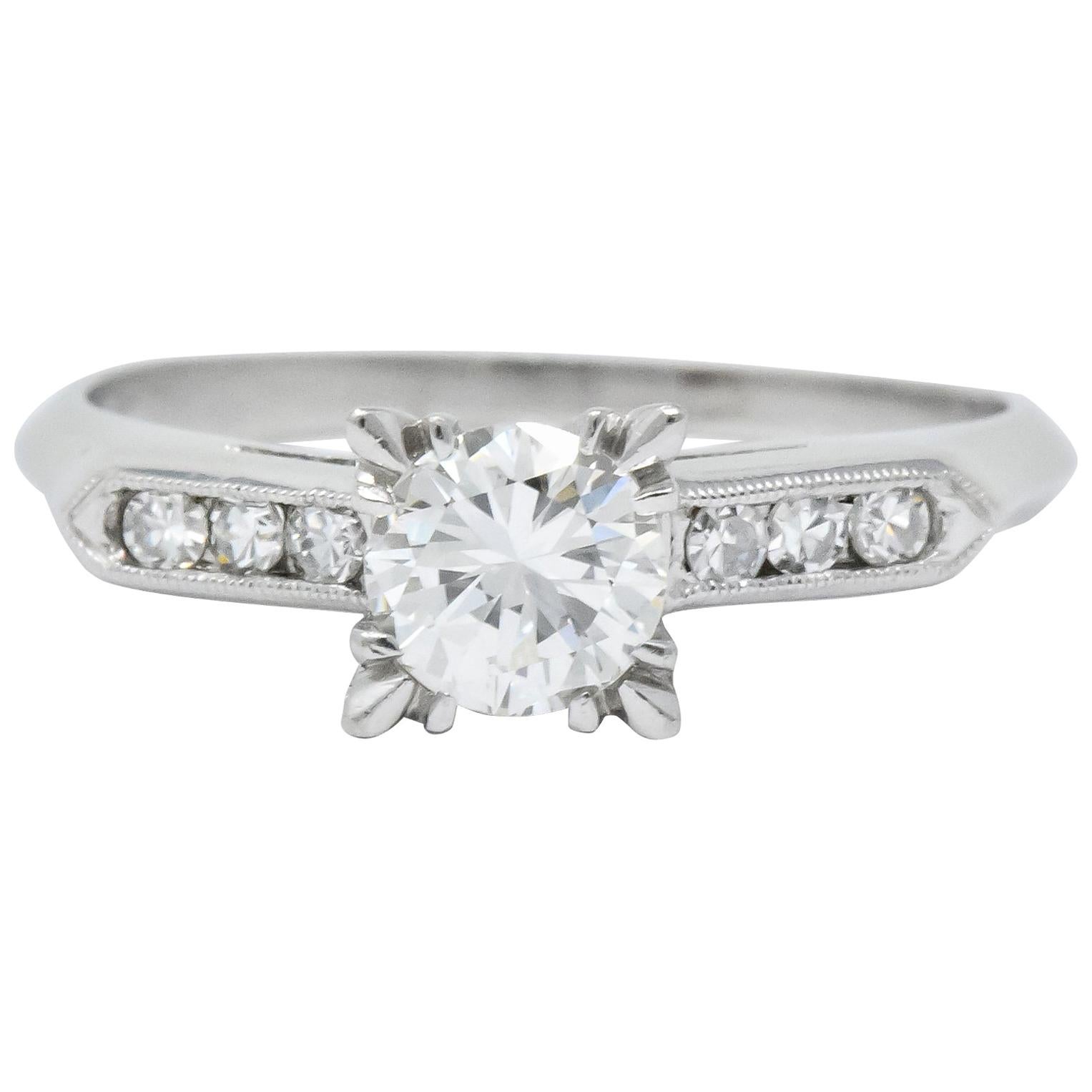 Mid-Century 1.08 Carat Round Brilliant Cut Diamond Platinum Engagement Ring