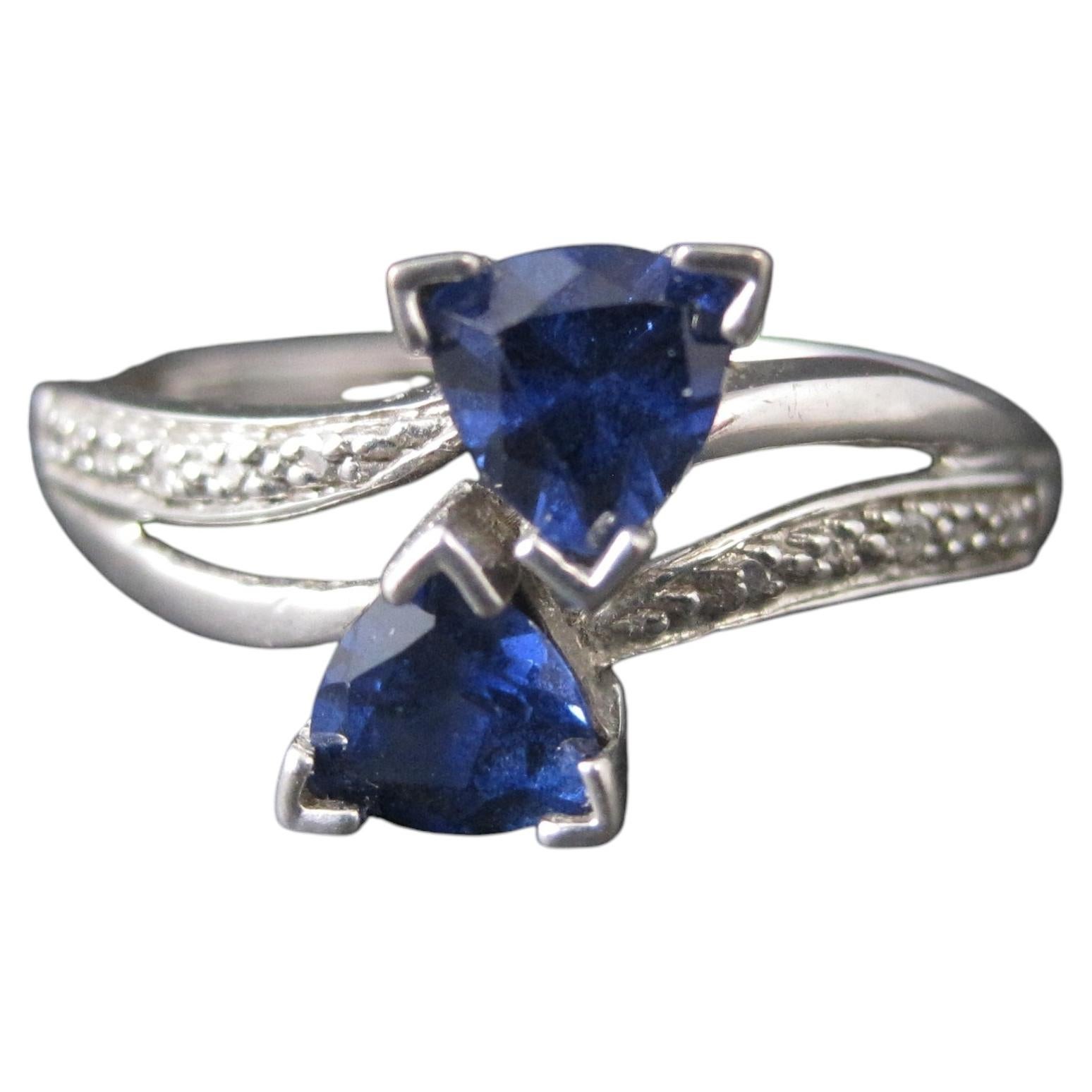 Retro 10K White Gold Trillion Cut Sapphire Diamond Ring Size 10