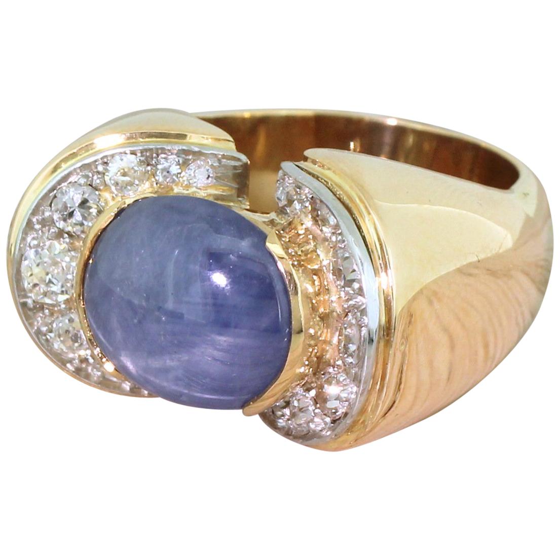 Retro 11.00 Carat Star Sapphire and 1.04 Carat Old Cut Diamond Ring For Sale