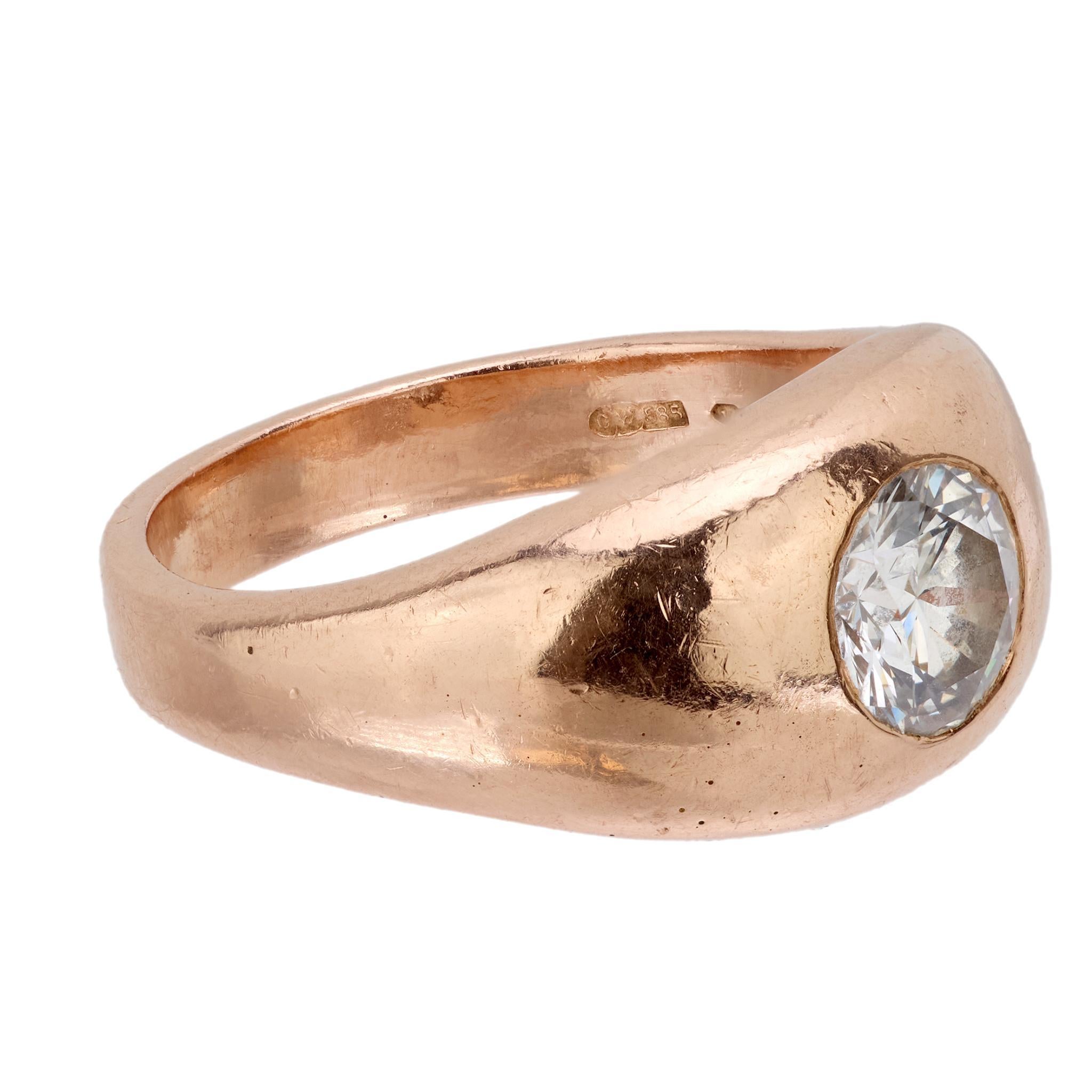 Retro 1,13 Karat Diamant 14k Roségold Lünette Ring (Ungeschliffen) im Angebot