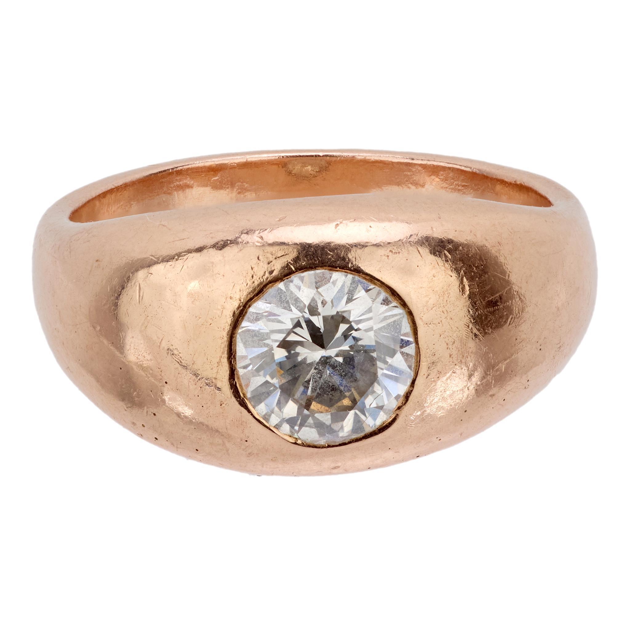 Retro 1,13 Karat Diamant 14k Roségold Lünette Ring im Zustand „Gut“ im Angebot in Beverly Hills, CA