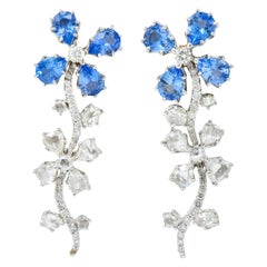 Retro 11.52 Carat Diamond Sapphire Platinum Articulated Flower Earrings