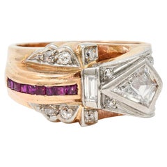 Retro 1.17 Carats Diamond Ruby 14 Karat Two-Tone Bow Ring