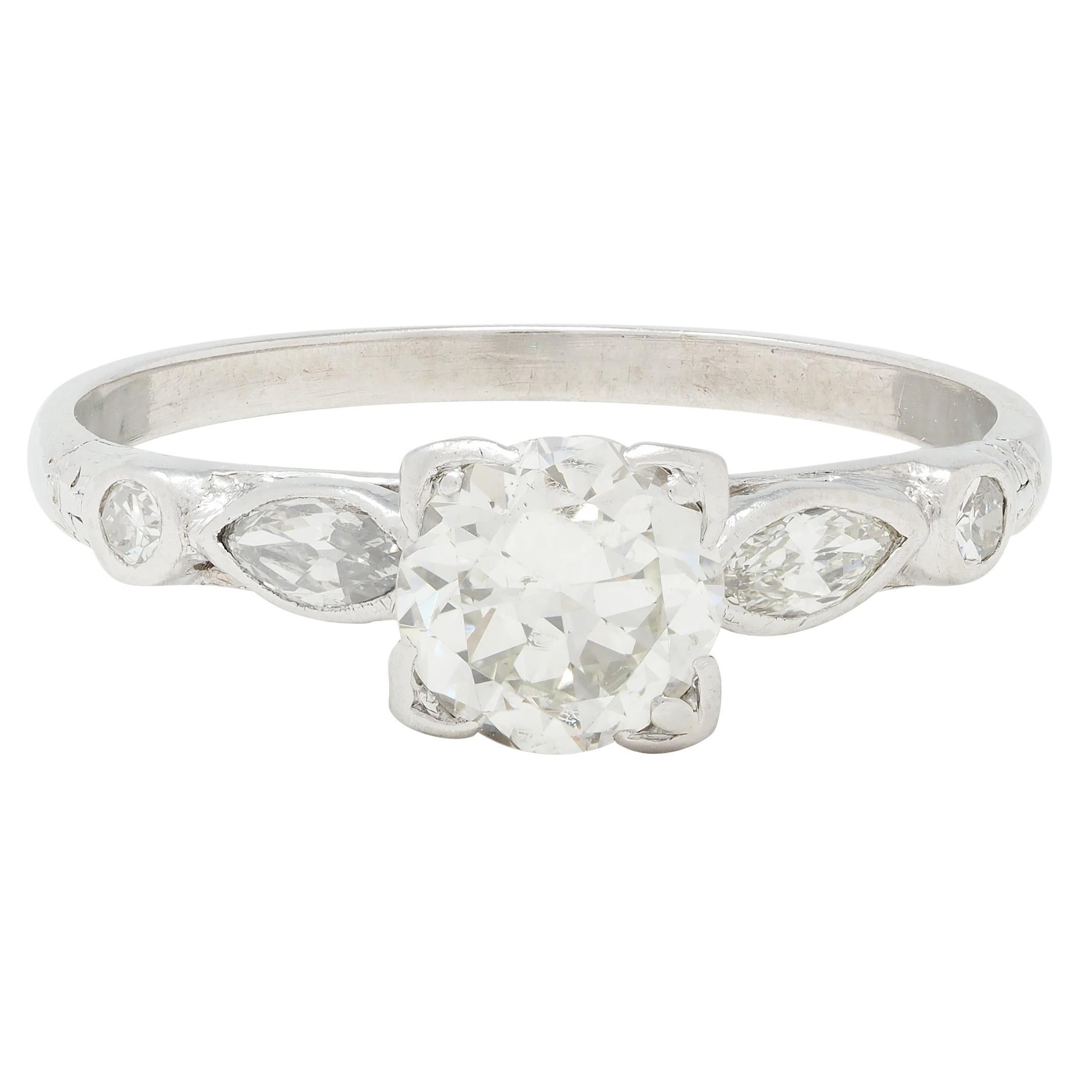 Retro 1.18 CTW Old European Diamond Platinum Vintage Engagement Ring For Sale