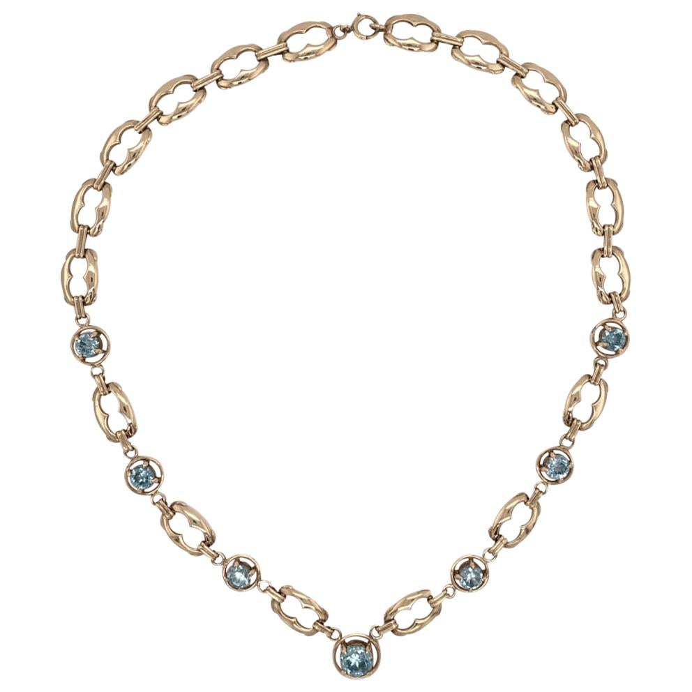 Retro 12 Carat Blue Zircon Gemstone Gold Link Necklace Fine Estate Jewelry For Sale