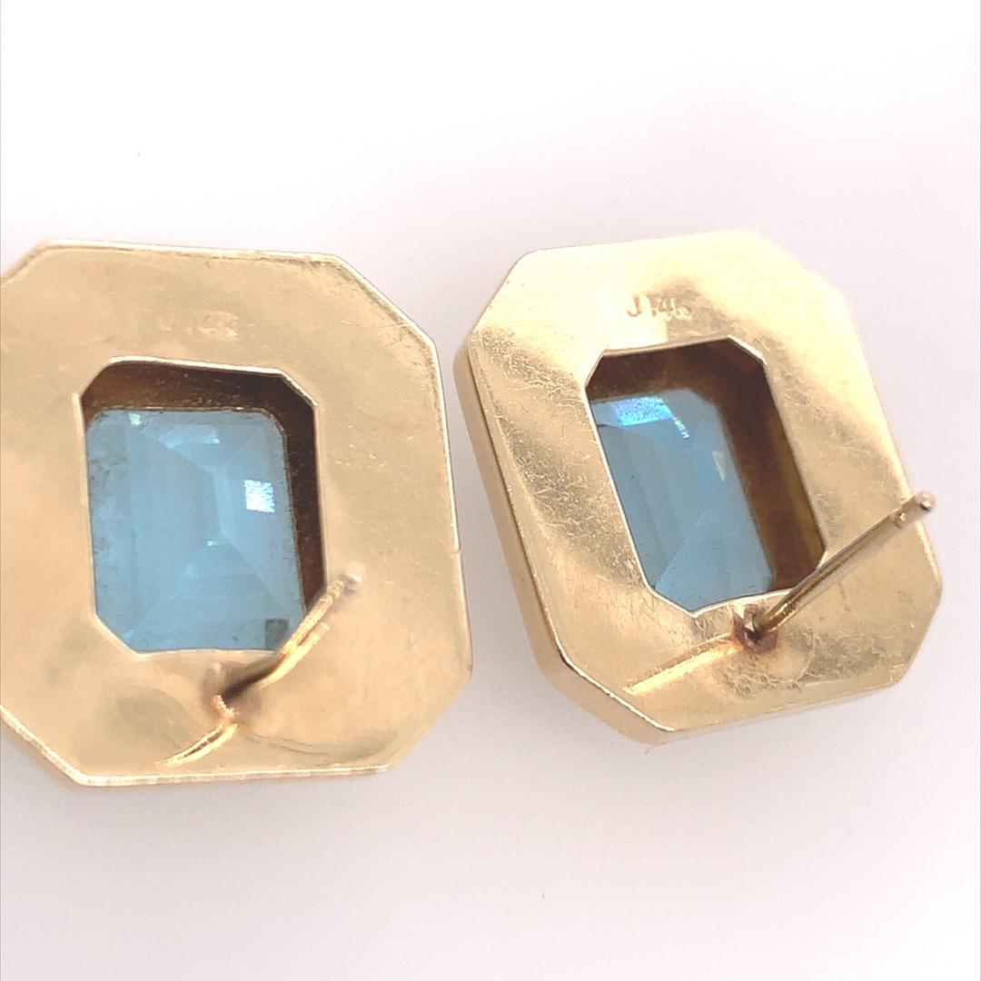Retro 12 Carat Gold Natural Emerald Cut Blue Topaz Gem Stone Earrings circa 1970 For Sale 3