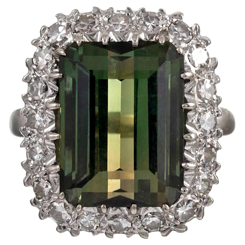 Retro 12 Carat Green Tourmaline and Diamond Cluster Ring