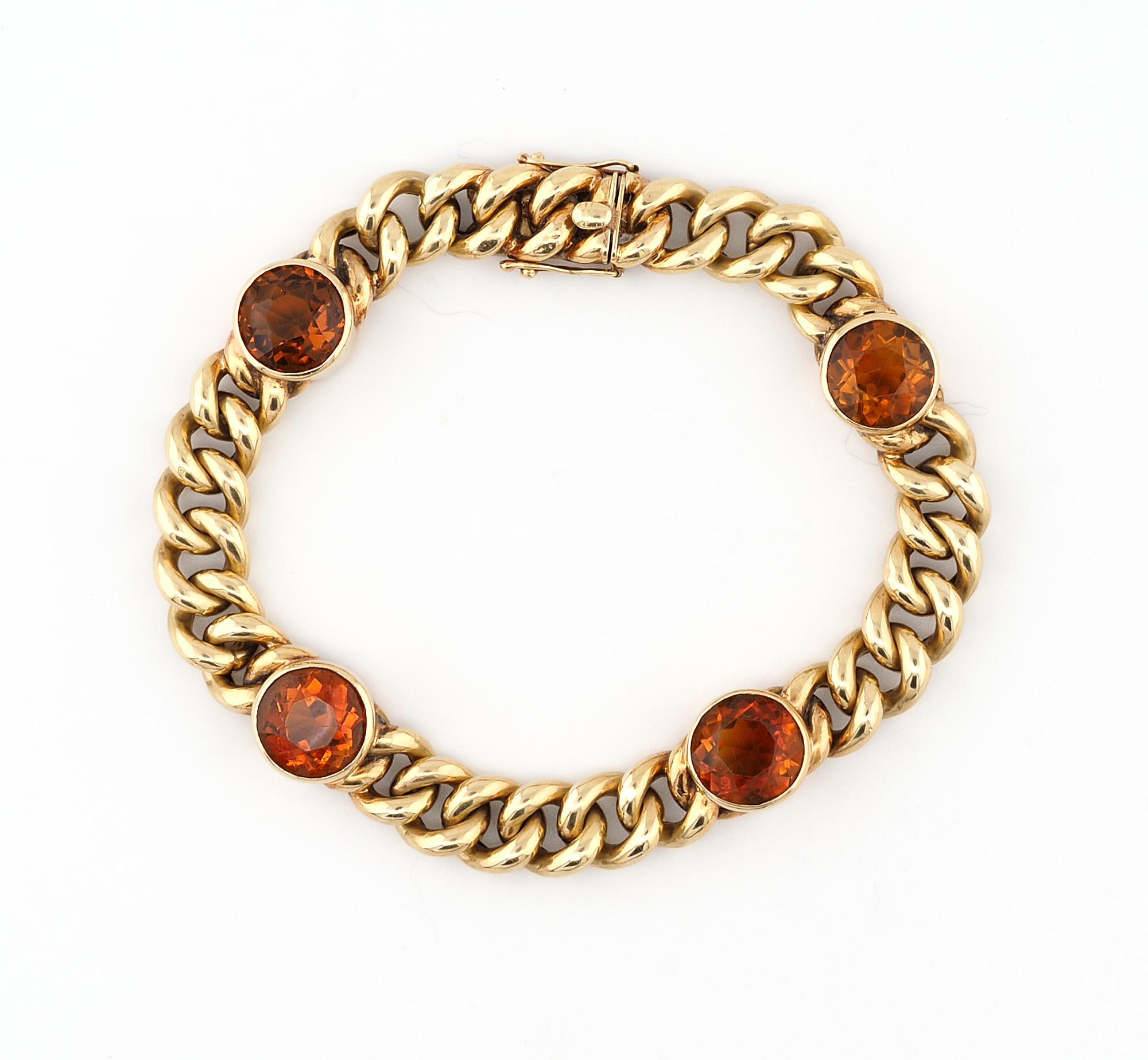 This stunning antique European curb bracelet is 19 35/40 ca.
Hand crafted of solid 14 KT gold , marked with several hallmarks
Classy smooth and soft gold curb links inter-spacing in between with round bezels of fine gemstones for colour impact,