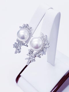 Retro Pearls and 5.00 Carat Diamonds Leaf Style Earrings