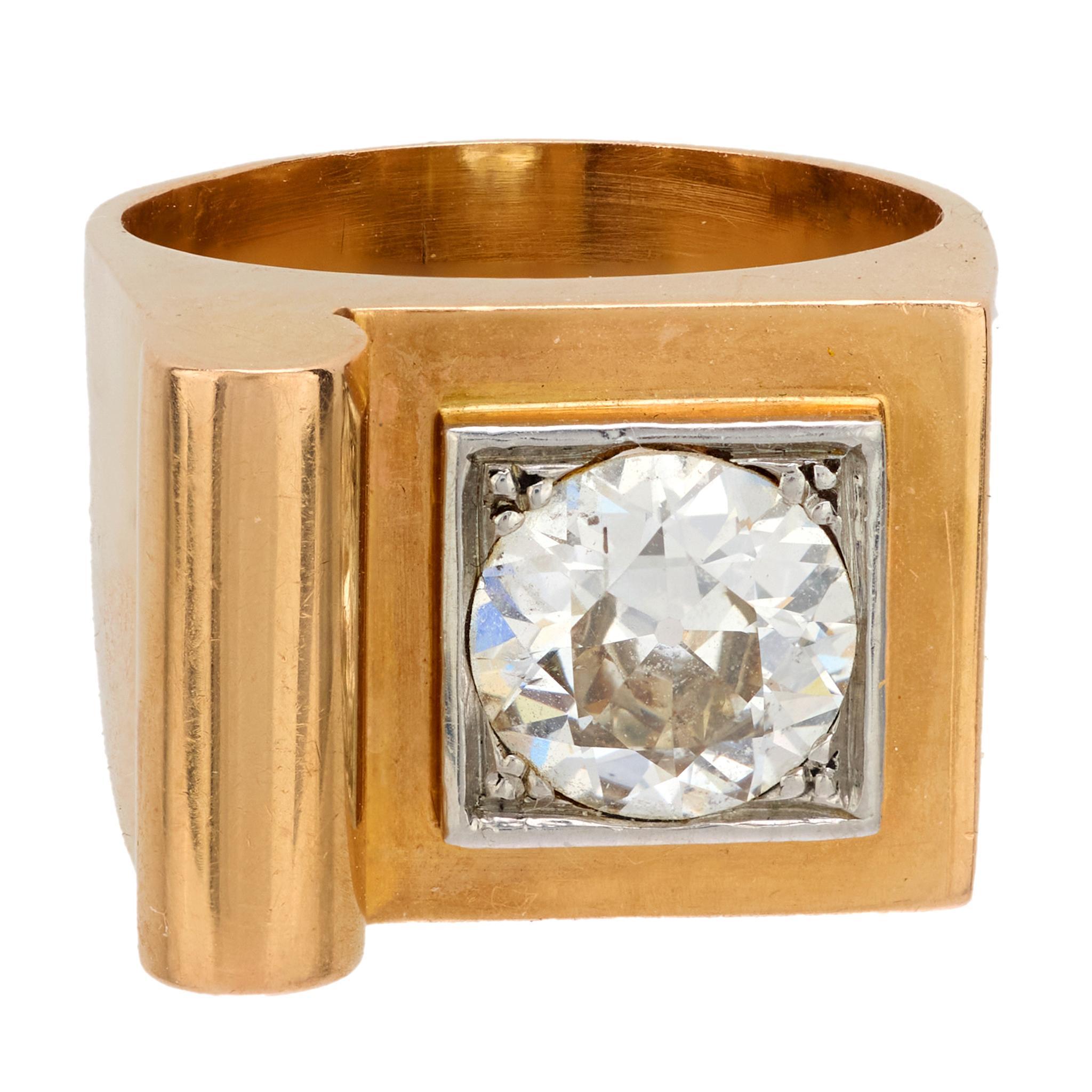 Old European Cut Retro 1.30 carat old European cut diamond 18k yellow gold Tank ring