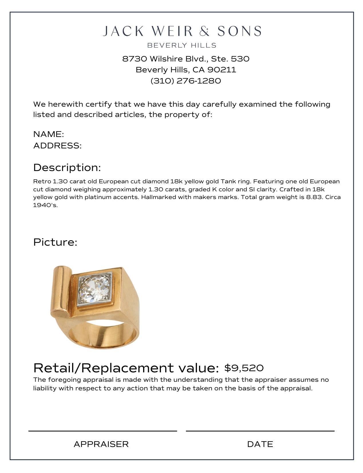 Retro 1.30 carat old European cut diamond 18k yellow gold Tank ring In Good Condition In Beverly Hills, CA