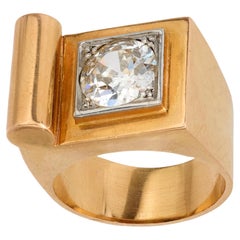 Retro 1.30 carat old European cut diamond 18k yellow gold Tank ring