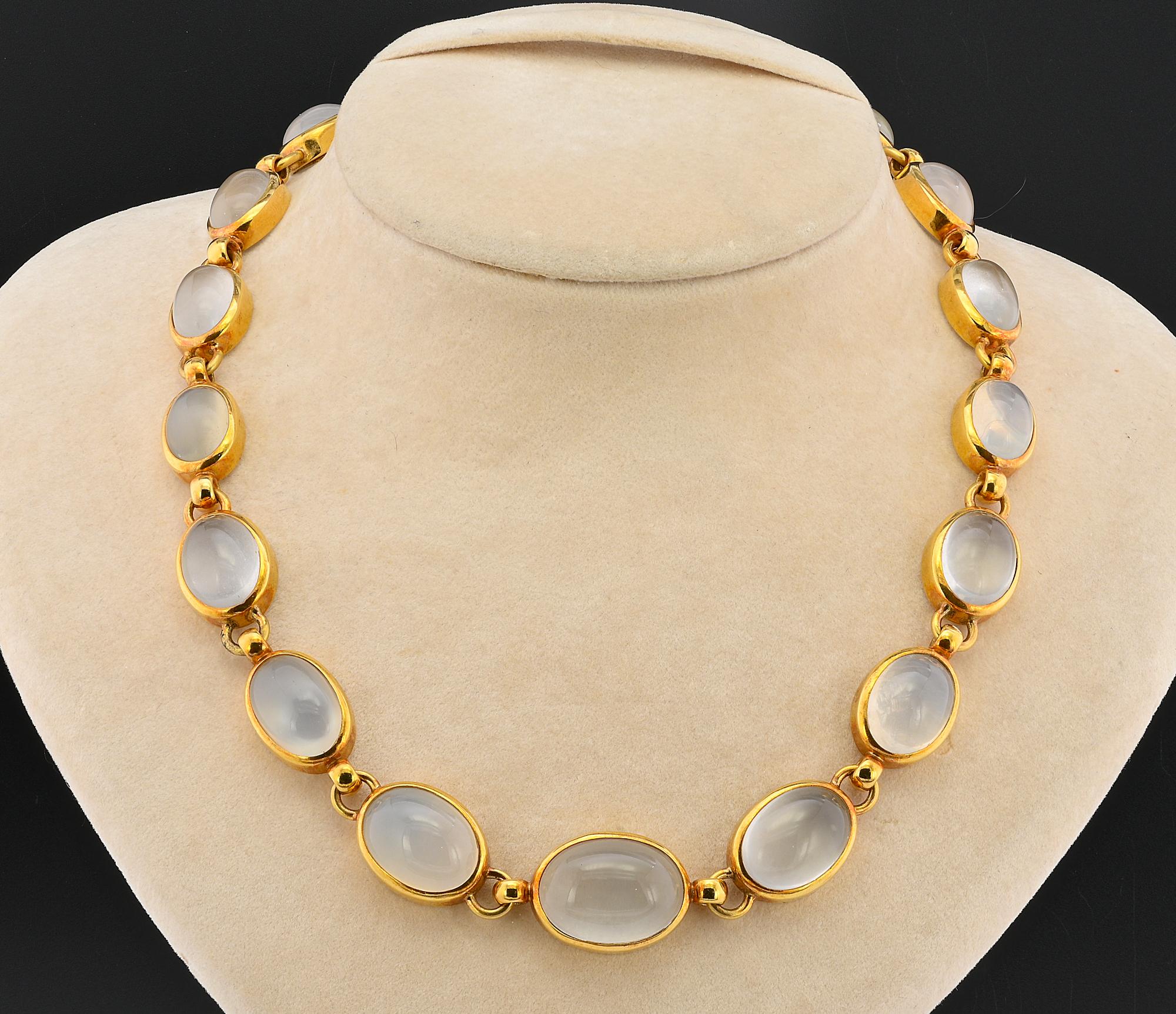 Spectacular Retro necklace dating 1940 circa – Italian origin
Consisting in a graduated selection of natural Moonstones set in 18 KT gold rub mount and linked each other, hand crafted in the finest manner
Necklace gross weight is 92,4